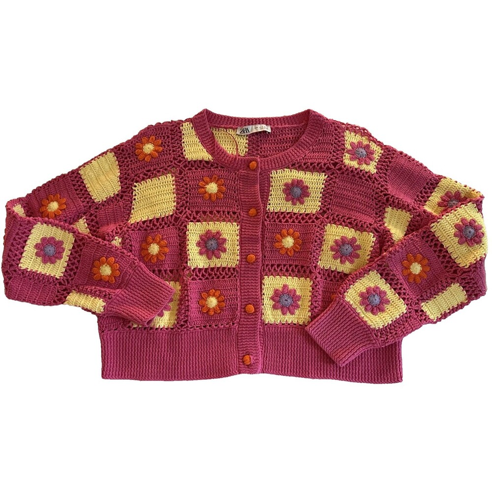 ZARA Knit Crochet Multicolor Flower Knit Cardigan